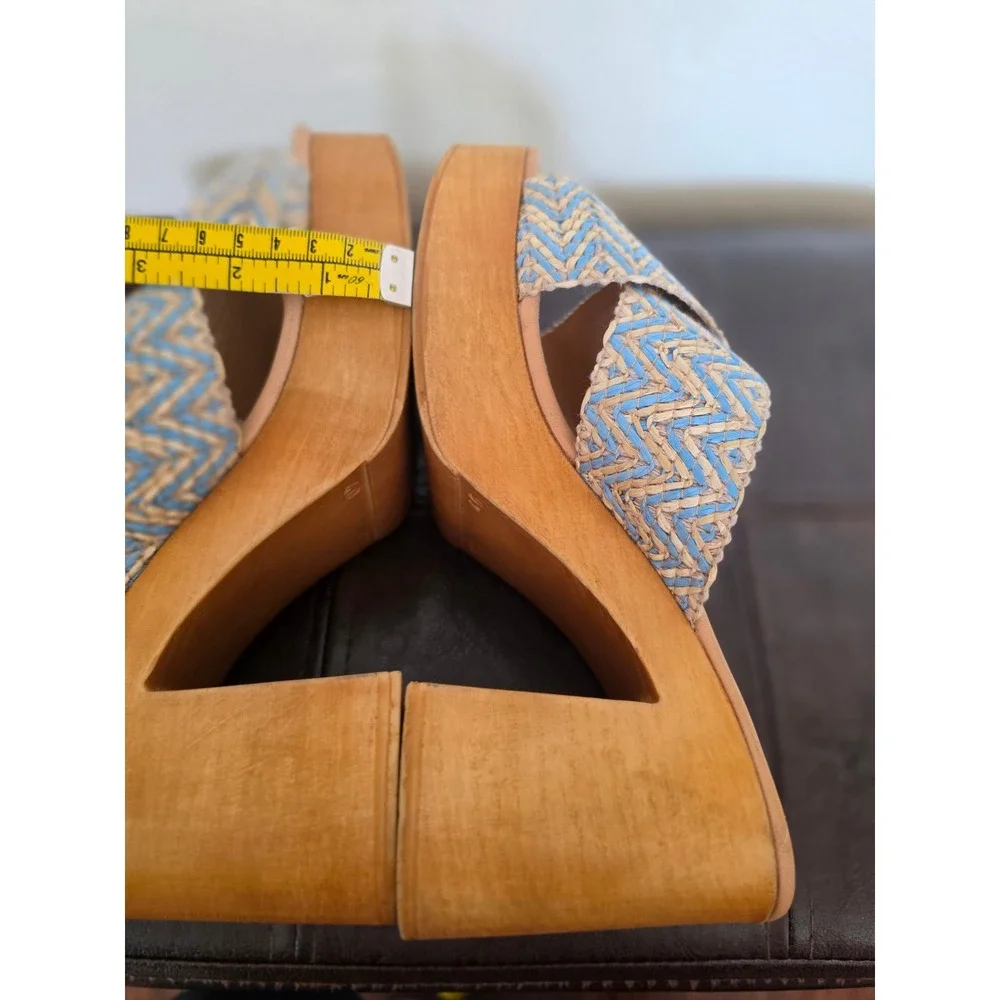 Avellini Leather Boho Y2K Blue Block Wooden Platform Sandals sz 40 Us 9.5